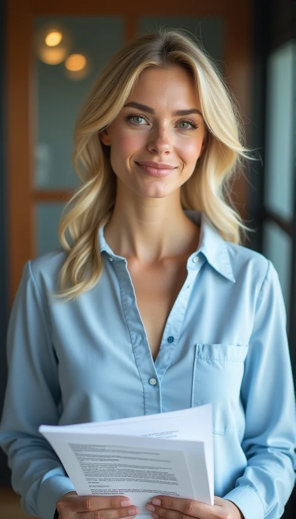 a naked dirty blond hair girl with blue eyes wearing nothing except an open long sleeve shirt, button down style, shirt is open , breast showing, she is standing and smiling