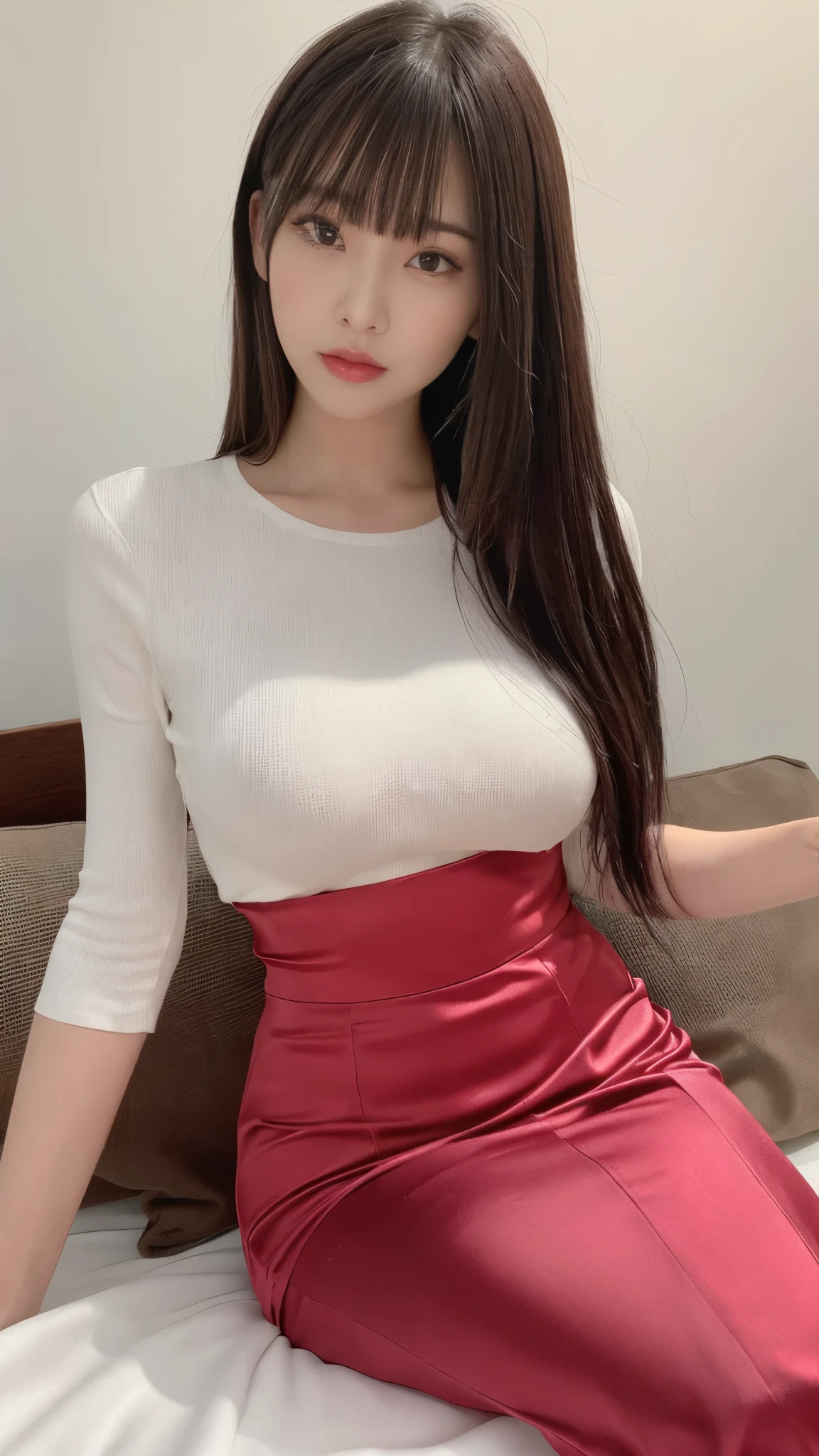 (masterpiece,Best Quality,Ultra-high resolution),Extremely detailed CG,Bob hair with bangs、Beautiful and well-proportioned face、(((Very beautiful Japanese women))),((High waist mermaid pencil skirt in vibrant satin)),((Maxi length long skirt))、sitting on the edge of the bed