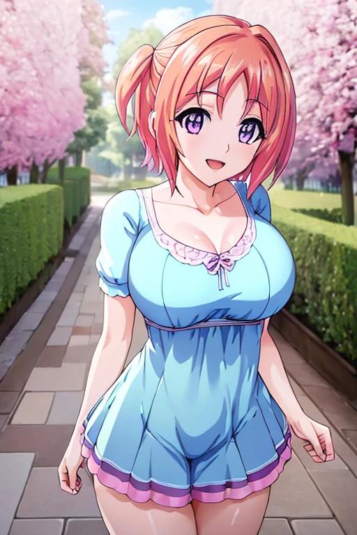 beautiful detailed eyes, beautiful detailed lips, Extremely detailed eyes and face, body from knees up, long eyelashes, 1 girl, anime girl, adult woman, beautiful woman, short pink hair, big breasts, violet eyes, happy, smiling, Open mouth, Slim body, standing, Pink Bikini, background of a race with sakura trees, (Better quality, 4k, 8K, High resolution, masterpiece: 1.2) anime style, Style 2d, ultra detailed, bright colors, professional