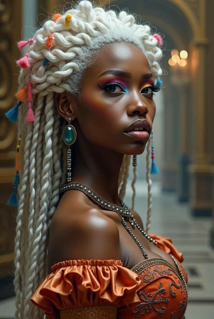 Full shot photograph of a 22 year old woman standing on a fashion runway, she is albino with a mix of African and Asian heritage. Her extra-long hair is styled in small to medium sized platinum blonde African RASTA braids, each intricately woven with delicate pearls culminating in a stunning, elaborate bun. Soft braids also tenderly frame her face along with styled baby hair. His hand is thoughtful on his jaw, his eyes seem serene. Wear pearl earrings and pearl necklaces of different lengths and sizes. The only makeup adorning her features is eyeshadow and lipstick in harmonious shades of soft red, creating a subtle but captivating effect. The background is blurred with soft colors and a fantasy theme.
