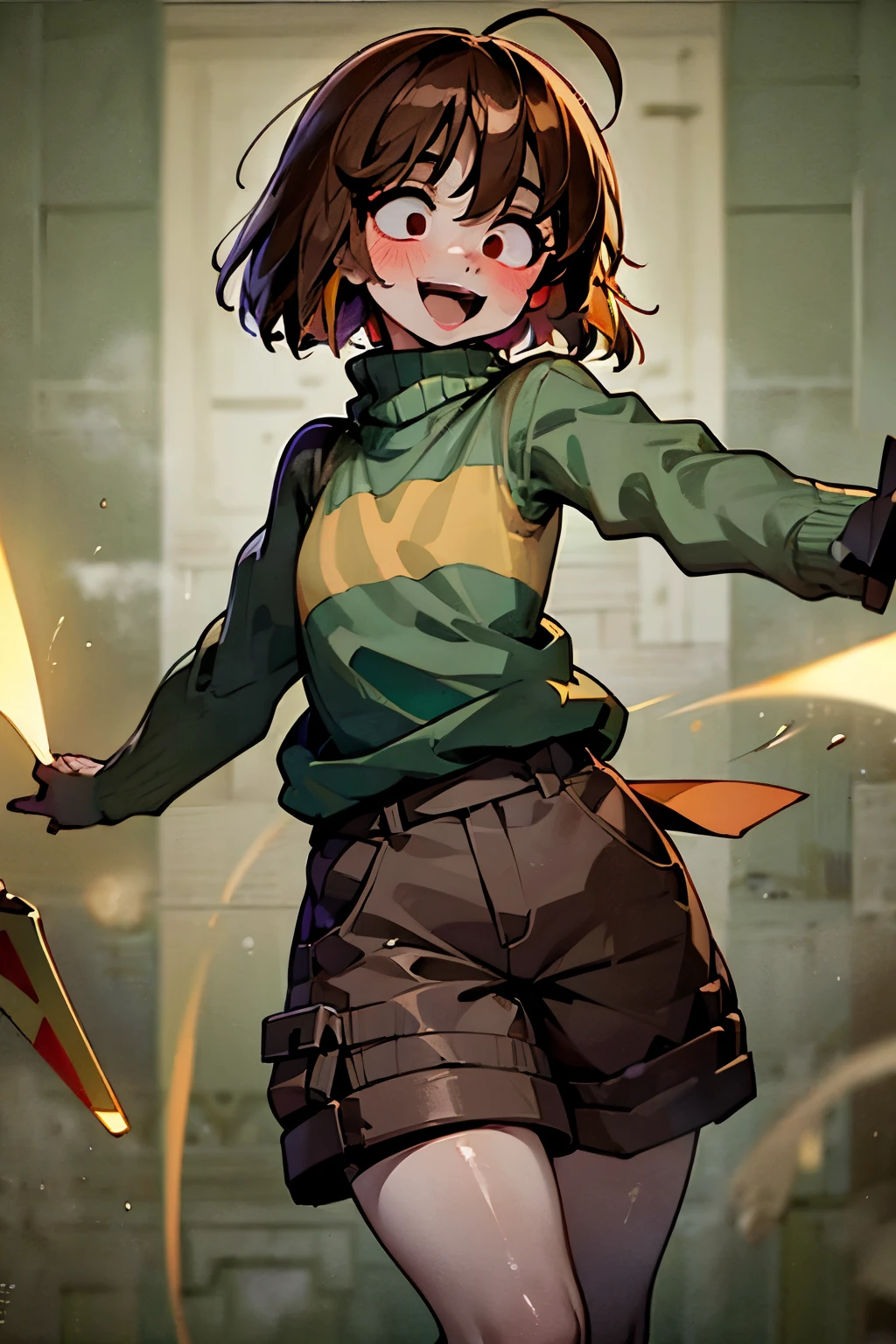 ((Best quality)), ((Masterpiece)), (Detailed), chara (/Undertale/), Brown hair, (brown shorts: 1.3), suspenders, ahoge, overall shorts, Bob cut, (big eyes: 1.3), (round eyes: 1.3), :D, wide smile, Short hair, white thigh highs, (Green sweater: 1.3), Red eyes, (1girl: 1.3), (Solo: 1.3), Green striped sweater, thick thighs, facing camera, surprised, wide-eyed, arms outstretched, 