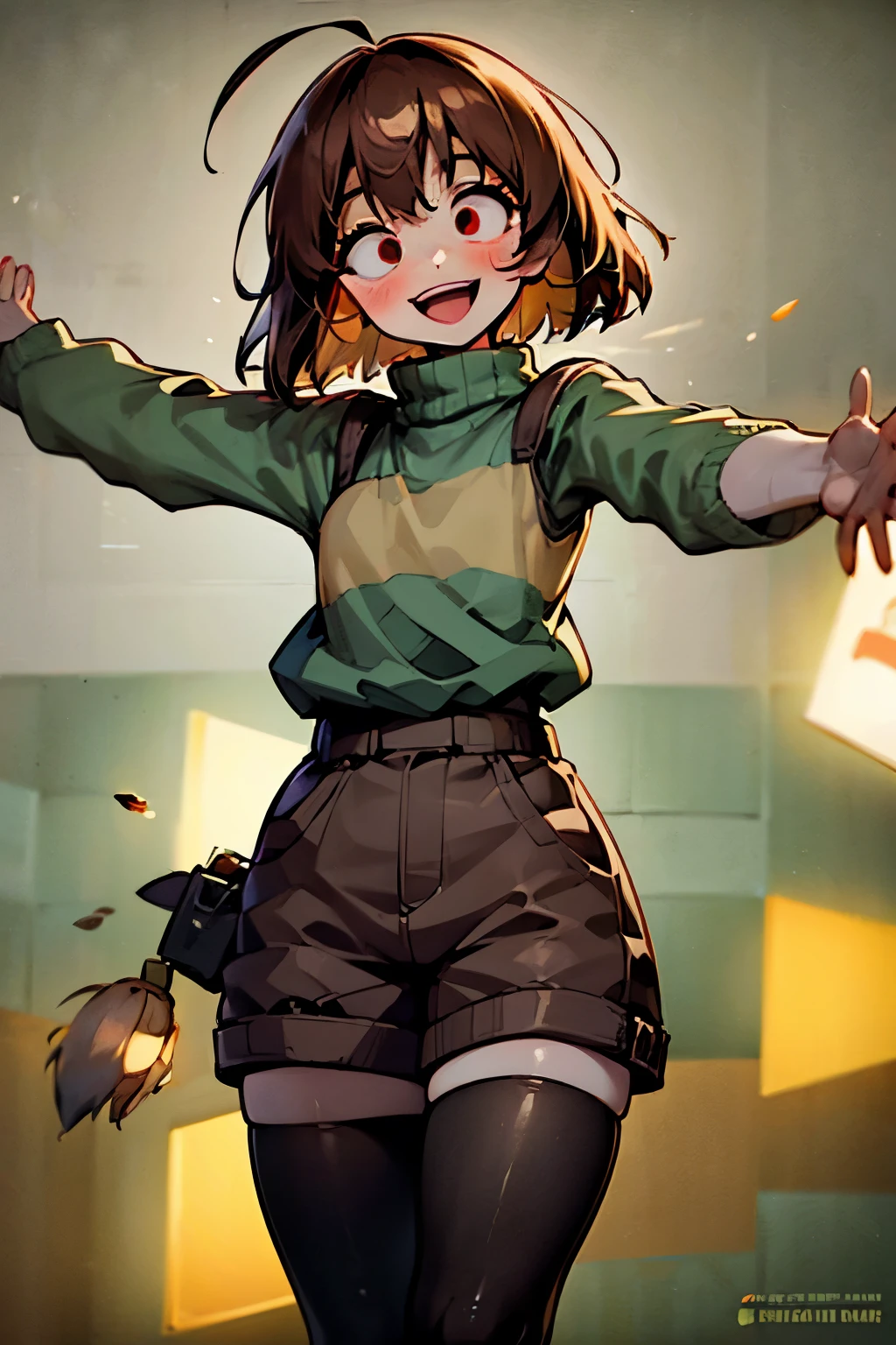 ((Best quality)), ((Masterpiece)), (Detailed), chara (/Undertale/), Brown hair, (brown shorts: 1.3), suspenders, ahoge, overall shorts, Bob cut, (big eyes: 1.3), (round eyes: 1.3), :D, wide smile, Short hair, white thigh highs, (Green sweater: 1.3), Red eyes, (1girl: 1.3), (Solo: 1.3), Green striped sweater, thick thighs, facing camera, surprised, wide-eyed, arms outstretched, 