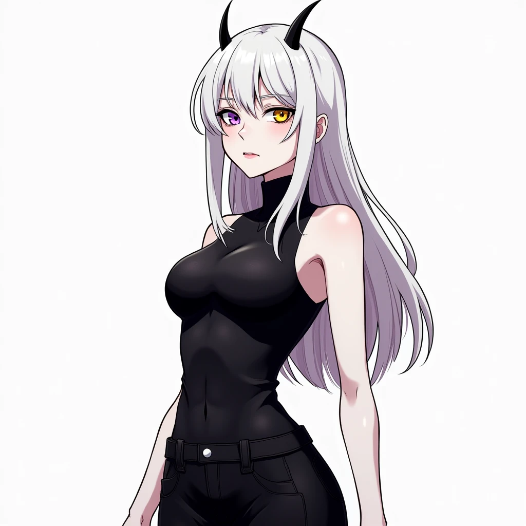 character, humanoid, female, horns all over the body, gray skin, ribbon on one of his shoulders, peaks in their hands, cotton pants with a ribbon at the waist, armor on your torso, Skinny body, anime, White background