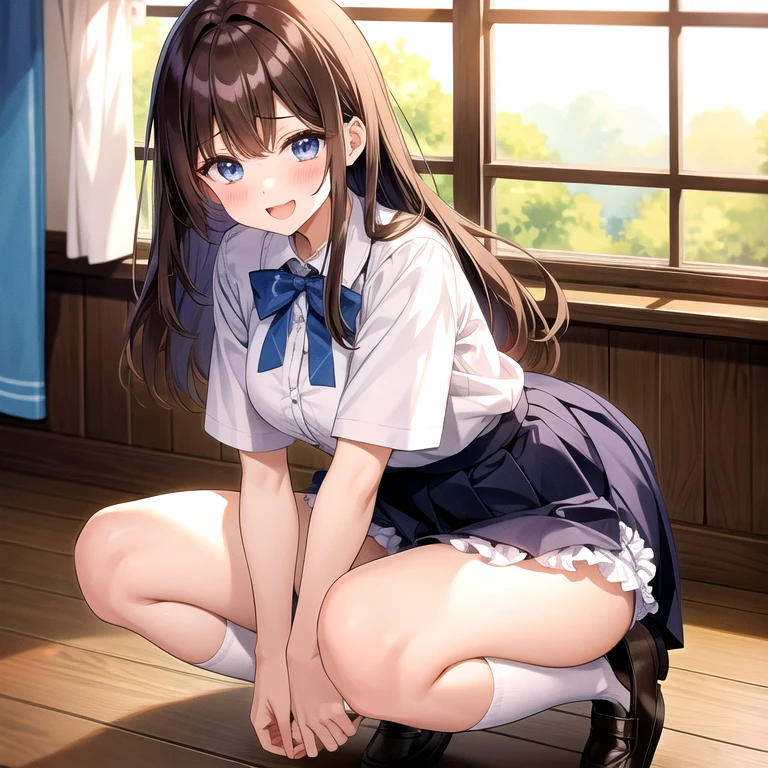 1 girl、solo、Long Hair、milk、Looking at the camera、blush、smile、Open your mouth、shirt、巨milk、skirt、Brown Hair、ribbon、underwear、Student Uniform、白shirt、whole body、pants、Short sleeve、Side Lock、Thighs、プリーツskirt、shoes、shoes下、indoor、黒skirt、Leg spread、bra、Check pattern、Knee-high、window、ネックribbon、白いshoes下、Check patternskirt、squat、Panty shot、loafers、machine、Wooden floor、shirtをたくし込んでいる、classroom、blackboard、服の前をはだけて見えるmilk首、Spread your legs in an M shape、Her light blue frilly panties are visible