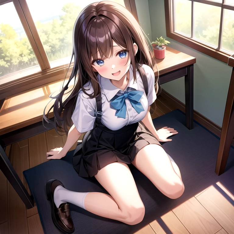 1 girl、solo、Long Hair、milk、Looking at the camera、blush、smile、Open your mouth、shirt、巨milk、skirt、Brown Hair、ribbon、underwear、Student Uniform、白shirt、whole body、pants、Short sleeve、Side Lock、Thighs、プリーツskirt、shoes、shoes下、indoor、黒skirt、Leg spread、bra、Check pattern、Knee-high、window、ネックribbon、白いshoes下、Check patternskirt、squat、Panty shot、loafers、machine、Wooden floor、shirtをたくし込んでいる、classroom、blackboard、服の前をはだけて見えるmilk首、Spread your legs in an M shape、Her light blue frilly panties are visible