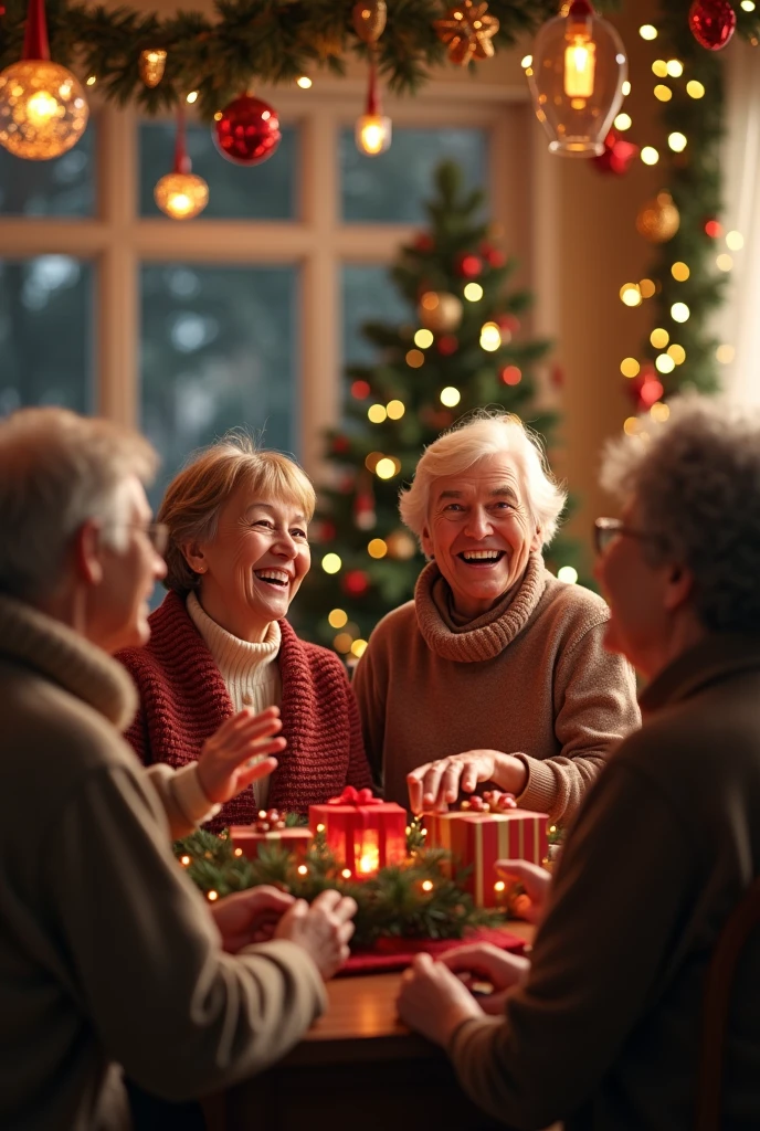 Happy people in a Christmas decorated environment but realistic people 