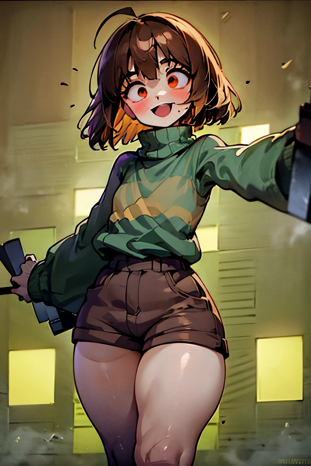 ((Best quality)), ((Masterpiece)), (Detailed), chara (/Undertale/), Brown hair, (brown shorts: 1.3), ahoge, overall shorts, Bob cut, (big eyes: 1.3), (round eyes: 1.3), :D, wide smile, Short hair, white thigh highs, (Green sweater: 1.3), Red eyes, (1girl: 1.3), (Solo: 1.3), Green striped sweater, (thick thighs: 1.4), facing camera, surprised, wide-eyed, arms outstretched, 