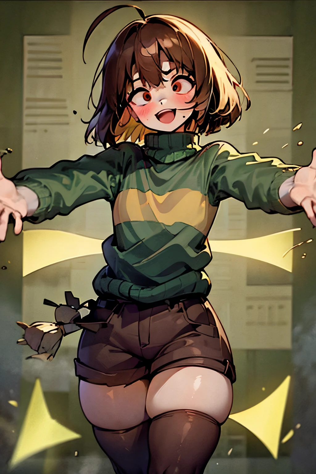 ((Best quality)), ((Masterpiece)), (Detailed), chara (/Undertale/), Brown hair, (brown shorts: 1.3), ahoge, overall shorts, Bob cut, (big eyes: 1.3), (round eyes: 1.3), :D, wide smile, Short hair, white thigh highs, (Green sweater: 1.3), Red eyes, (1girl: 1.3), (Solo: 1.3), Green striped sweater, (thick thighs: 1.4), facing camera, surprised, wide-eyed, arms outstretched, 