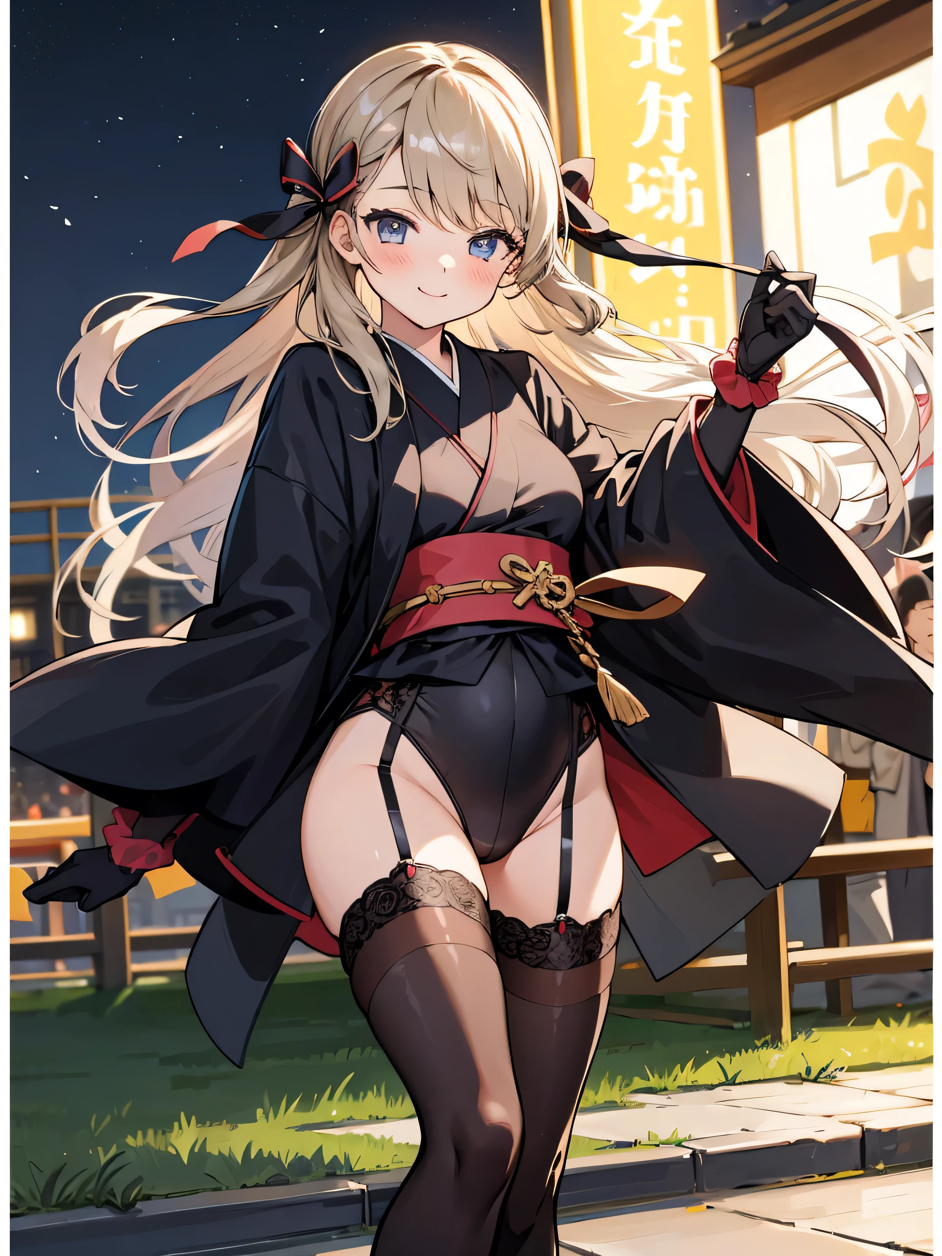 1girl, Masterpiece, Blush, Smile, Looking at viewer, Black leotard kimono, outdoor, park, Black Stocking, Black Garter Belt, Black Long Glove, Long Hair, Hair Ribbon, night time