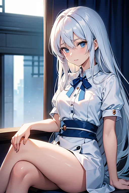 masterpiece, Highest quality, High resolution, One girl, white Capelet, Capelet, Blonde, Twin tails, chest, low Twin tails, hair band, Long Hair, blue eyes, Earrings, white hair band, uniform, dress, triangle Earrings, army, large chest, Hair behind the ear, jewelry, blue dress, army uniform, bangs, Black Pantyhose, Mitsuba 1,