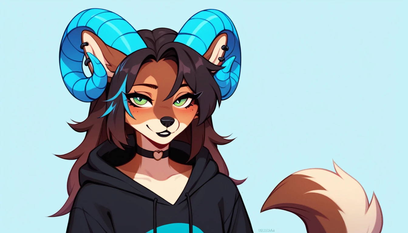 ((((blue curled horns)))), eyes outlined, Anthro furry wolf girl, flat chest, source_furry, a tall female wolf anthro, furry, snout, black nose, green eyes, long hair, black lips, wolf tail, wolf ears, ((dark brown and light brown fur)), long black hair with blue tips on hair, blue highlights in hair, fluffy tail, feminine, ear piercing, black choker, lean body, anthropomorphic, feminine, Seductive expression, spiky fur, focus on face, oversized black hoodie, score_9, score_8_up, score_7_up, score_6_up, score_5_up, score_4_up, original character, dark gray simple background