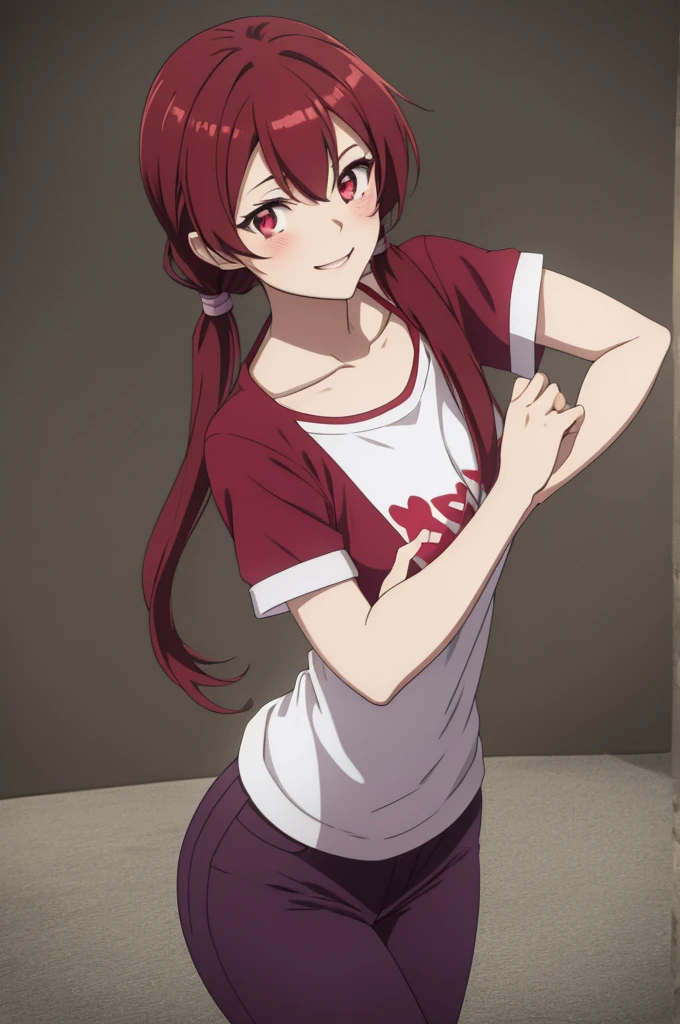 score 9, score 8 up, score 7 up, AkaneSakurada, 1girl, solo, long hair, red eyes, low twintails, red hair, purple t shirt, pink pants, short sleeves, smile, shiny skin, blush, double v, mouth open, pose, collarbone, safe, source_anime, best quality, masterpiece, detailed background,  3/4 sleeves,