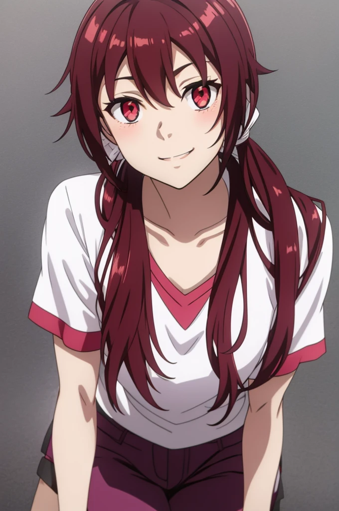 score 9, score 8 up, score 7 up, AkaneSakurada, 1girl, solo, long hair, red eyes, low twintails, red hair, purple t shirt, pink pants, short sleeves, smile, shiny skin, blush, double v, mouth open, pose, collarbone, safe, source_anime, best quality, masterpiece, detailed background,  3/4 sleeves,