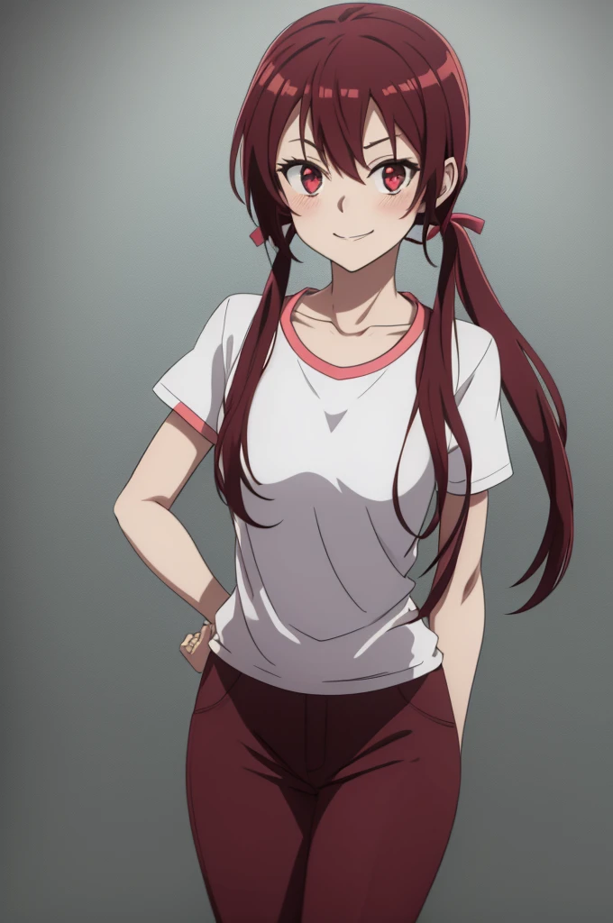 score 9, score 8 up, score 7 up, AkaneSakurada, 1girl, solo, long hair, red eyes, low twintails, red hair, purple t shirt, pink pants, short sleeves, smile, shiny skin, blush, double v, mouth open, pose, collarbone, safe, source_anime, best quality, masterpiece, detailed background,  3/4 sleeves,