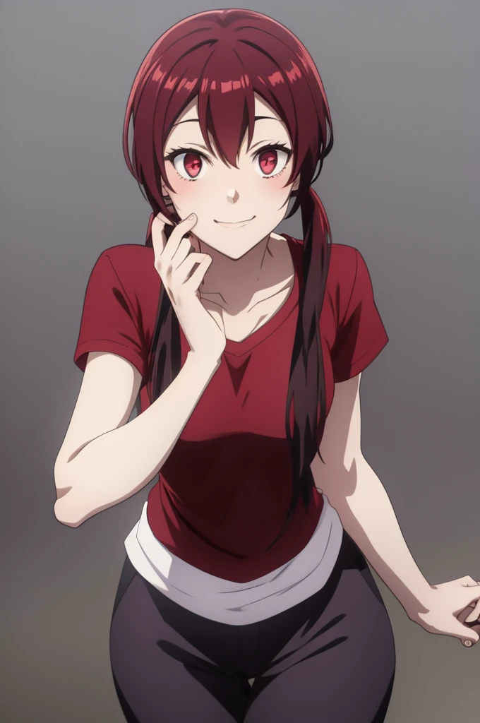 score 9, score 8 up, score 7 up, AkaneSakurada, 1girl, solo, long hair, red eyes, low twintails, red hair, purple t shirt, pink pants, short sleeves, smile, shiny skin, blush, double v, mouth open, pose, collarbone, safe, source_anime, best quality, masterpiece, detailed background,  3/4 sleeves,