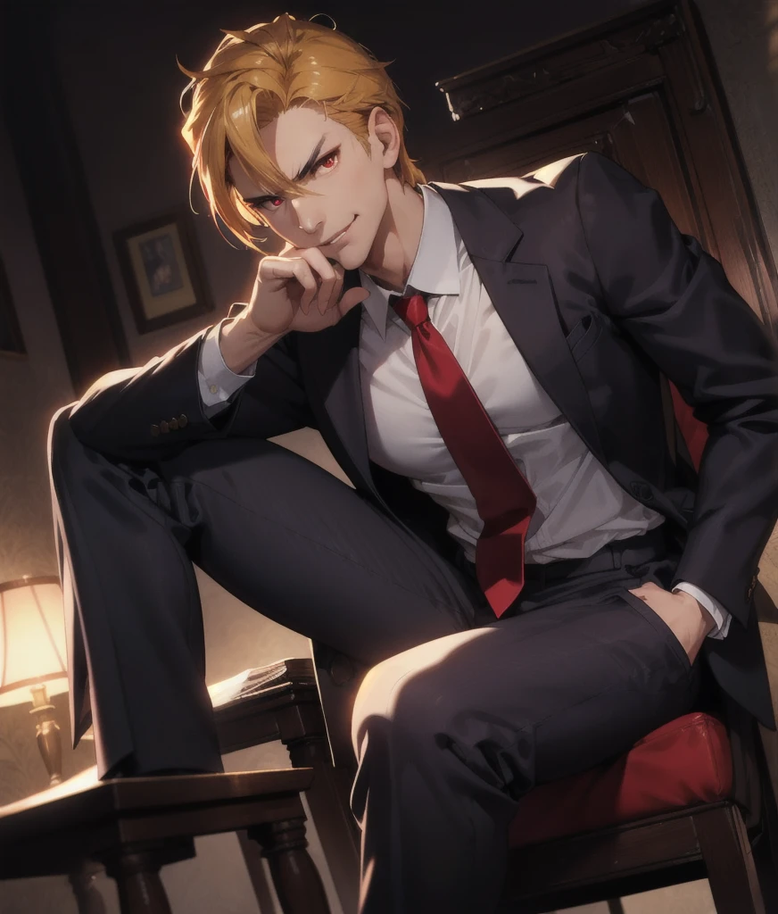（Open mouth man：1.5），HD sharp summer tree Subaru style Pixiv masterpiece，Extremely detailed，Man sits straddling，Golden eyes（Glowing eyes），with short golden hair，in a white shirt，Wear a tie and belt，perspire，The angle of view is taken from below。