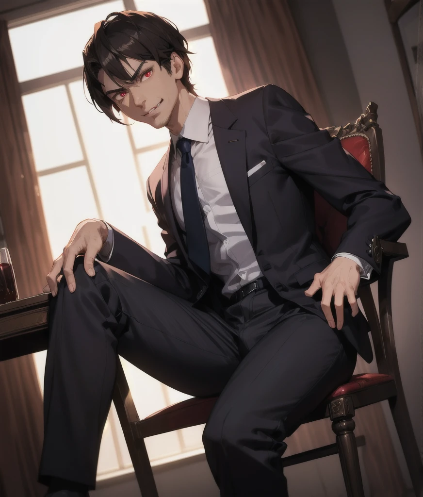 Tall angry man in a suit, Sit on a chair, Pants bulge, Low angle shot, Cinematic dramatic lighting, Realistic, 8k, high detail, Chiaroscuro lighting, Wicked Smile,, Red eyes, Focus on the bulge, Highly detailed face, Bright Eyes　Mature Men、youth