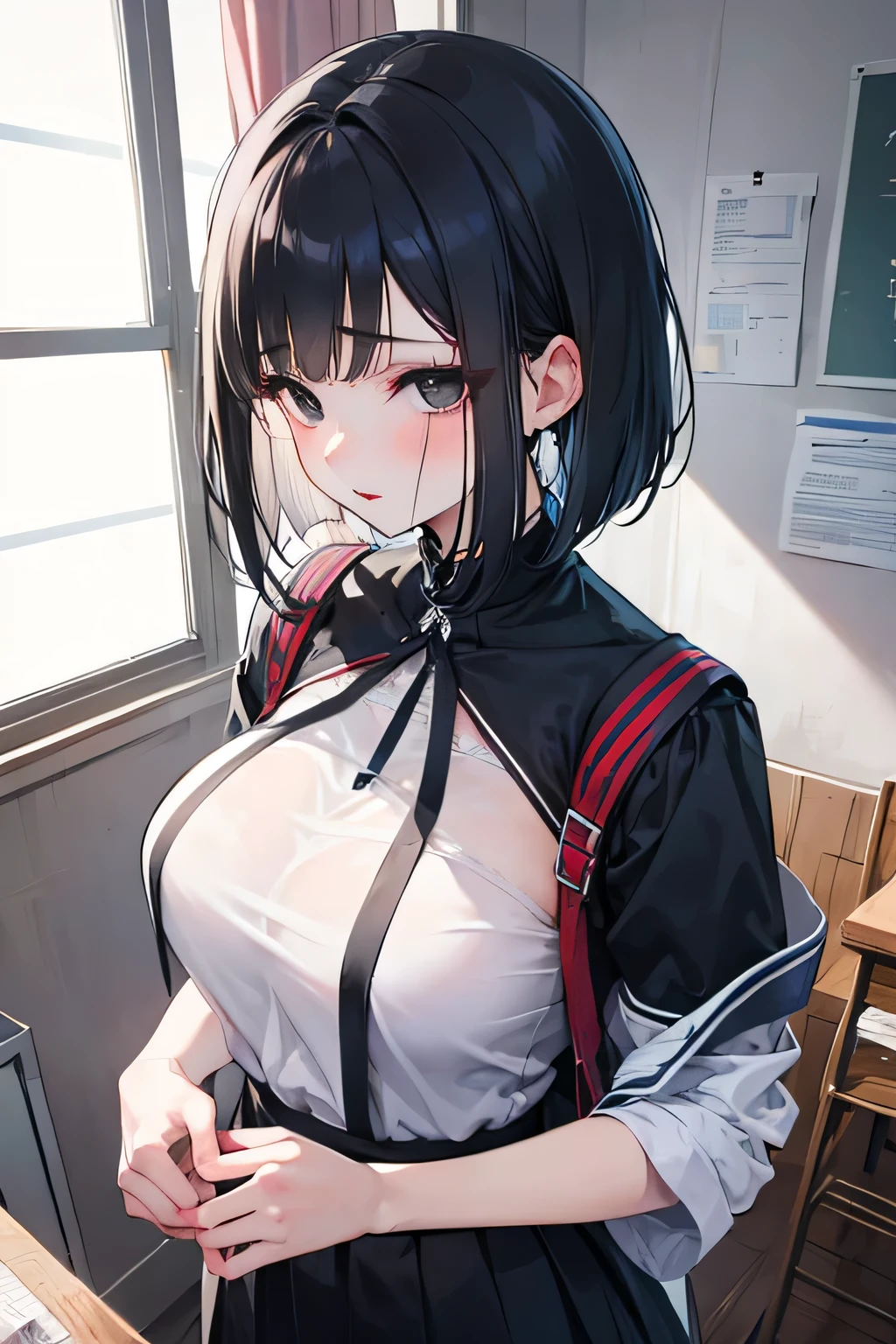 short black hair, shh, cowgirl top, medium breast, sweaty cleavage, black skirt, sexy