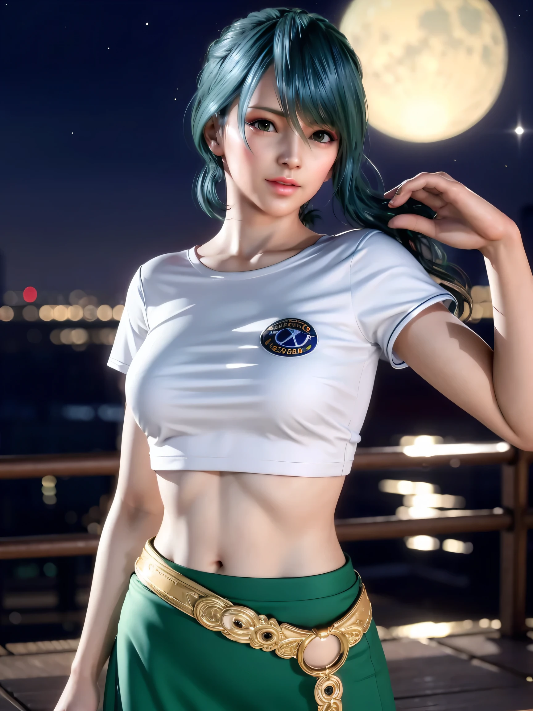 A girl wearing a T-shirt and long skirt watched the night view of the city from the observation deck, Extreme light and shadow effects,Rim Light ,photorealistic,masterpiece, best quality, high resolution, 4k, ultra high resolution, highly detailed, highly detailed, beautiful eyes, beautiful hair, beautiful side, beautiful skin,detailed shiny skin,good hands, best hands,tamaki,curvy,Cosmic eyes,(mole under left eye)