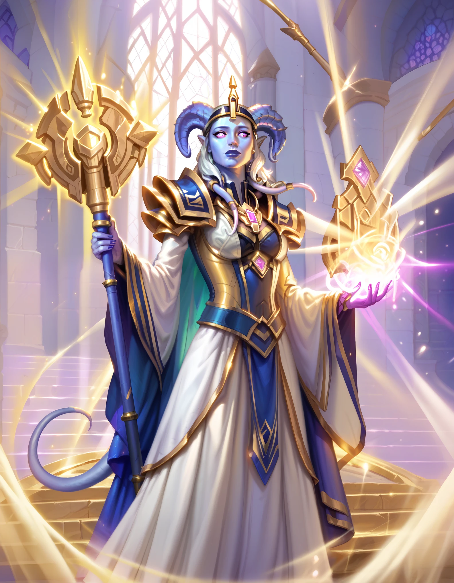 Draenei Priestess: A tall, ethereal Draenei with glowing blue skin and long, flowing white hair. She’s adorned in flowing robes of white and gold, holding a glowing staff topped with a crystal. She stands in a temple of light, casting a divine healing spell, with beams of light cascading down around her.