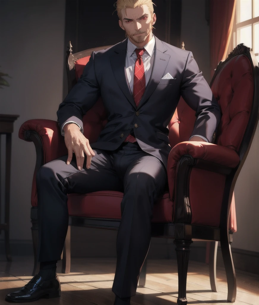 Tall angry man in a suit, Sit on a chair, Pants bulge, Low angle shot, Cinematic dramatic lighting, Realistic, 8k, high detail, Chiaroscuro lighting, Wicked Smile,, Red eyes, Focus on the bulge, Highly detailed face, Bright Eyes　Mature Men、youth