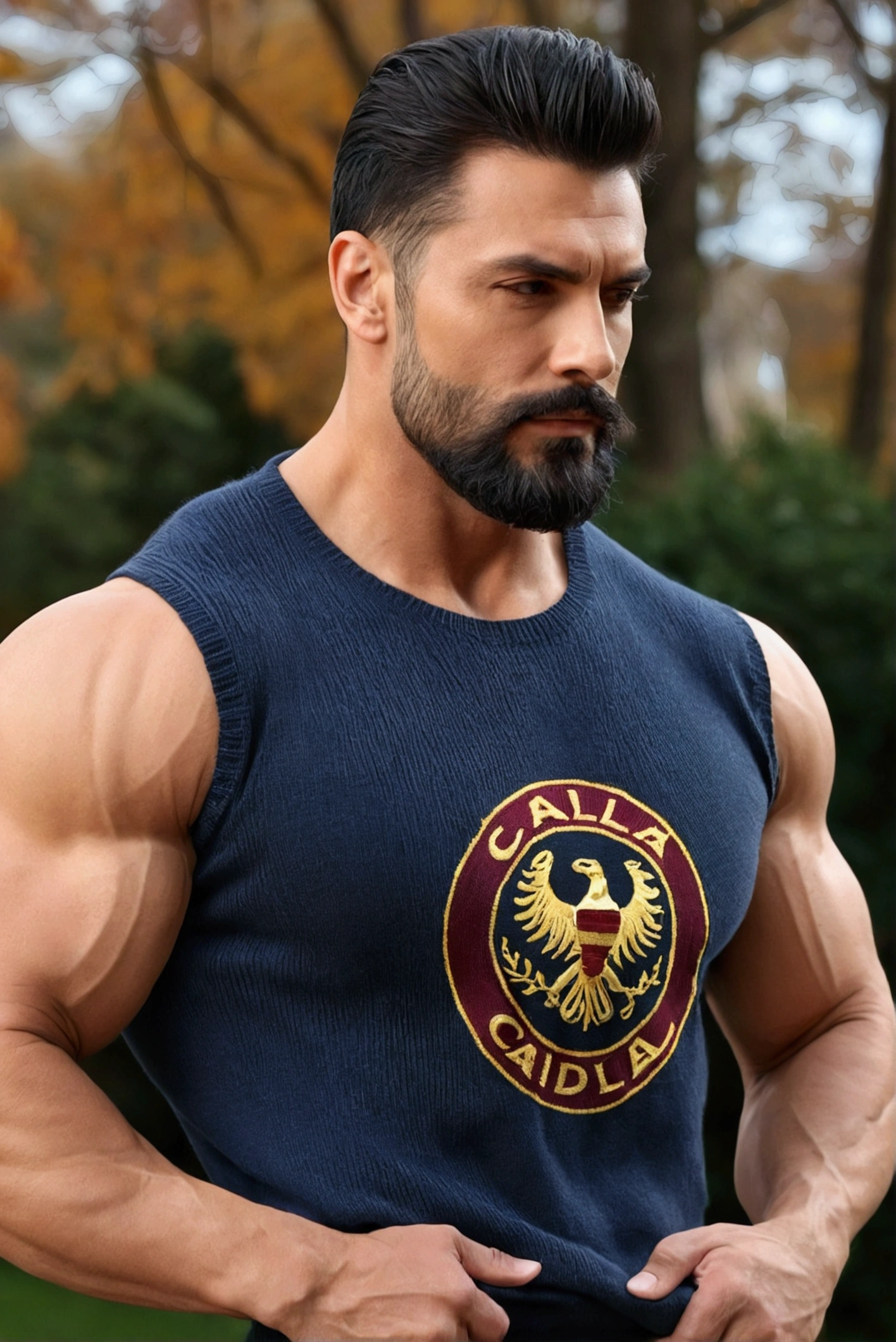 Handsome man, sleeveless t-shirt, Manly and sexy in casual clothes, with a modern, Cadillac logo sweater vibrant winter fashion., strong and muscular legs, large lump, Ultra realistic 8k masterpiece with high detail of autumn park.. , close up , bodybuilder, wide legs,( bulging crotch ,  short beard, mexican ) Tasteful elegant sweater ,, big butts , close up espectacular , profile, flexionando un brazo profile , age 35 years , close up 
, German 