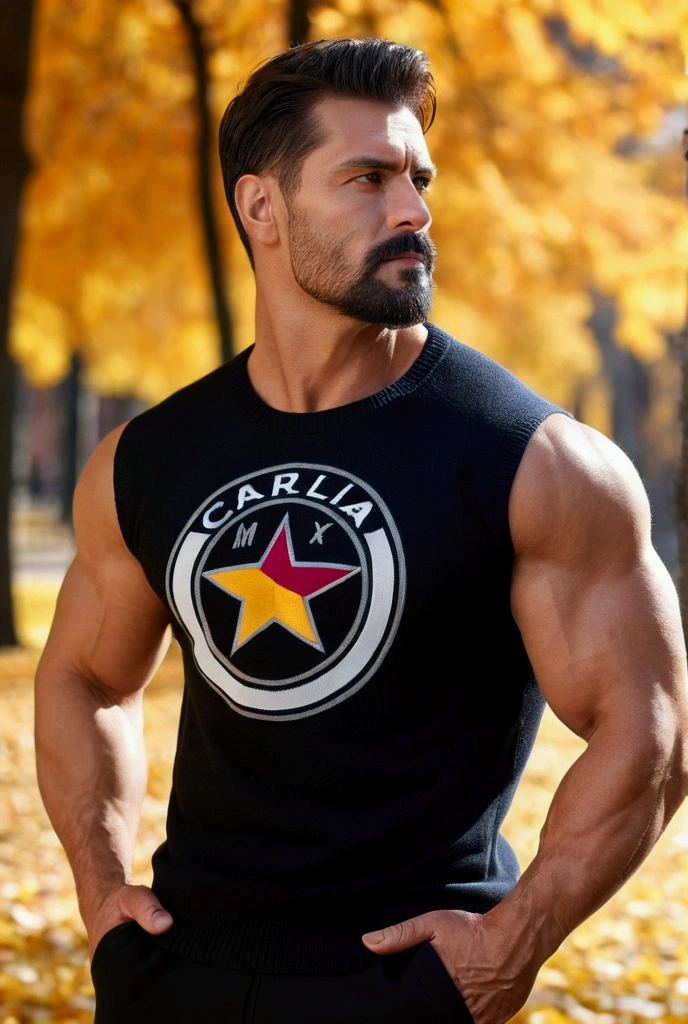 Handsome man, sleeveless t-shirt, Manly and sexy in casual clothes, with a modern, Cadillac logo sweater vibrant winter fashion., strong and muscular legs, large lump, Ultra realistic 8k masterpiece with high detail of autumn park.. , close up , bodybuilder, wide legs,( bulging crotch ,  short beard, mexican ) Tasteful elegant sweater ,, big butts , close up espectacular , profile, flexionando un brazo profile , age 35 years , close up 
, German 