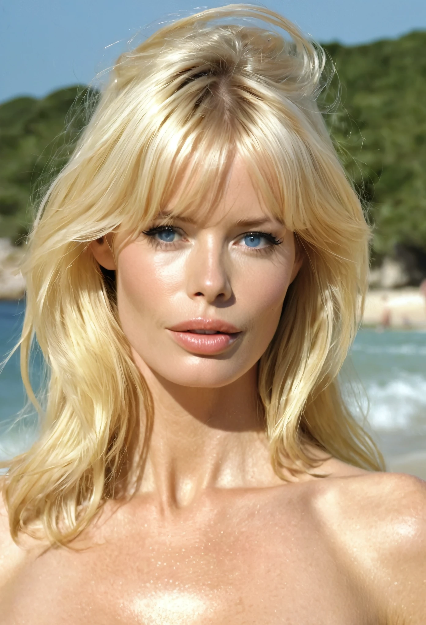 Claudia Schiffer, 20 years old, ultra-detailed, hyperrealistic, on the beach,nude, pussy, perfect face , perfect body, red bikini, light blond hair, blue eyes, beautiful eyes, perfect, perfect woman, perfect body