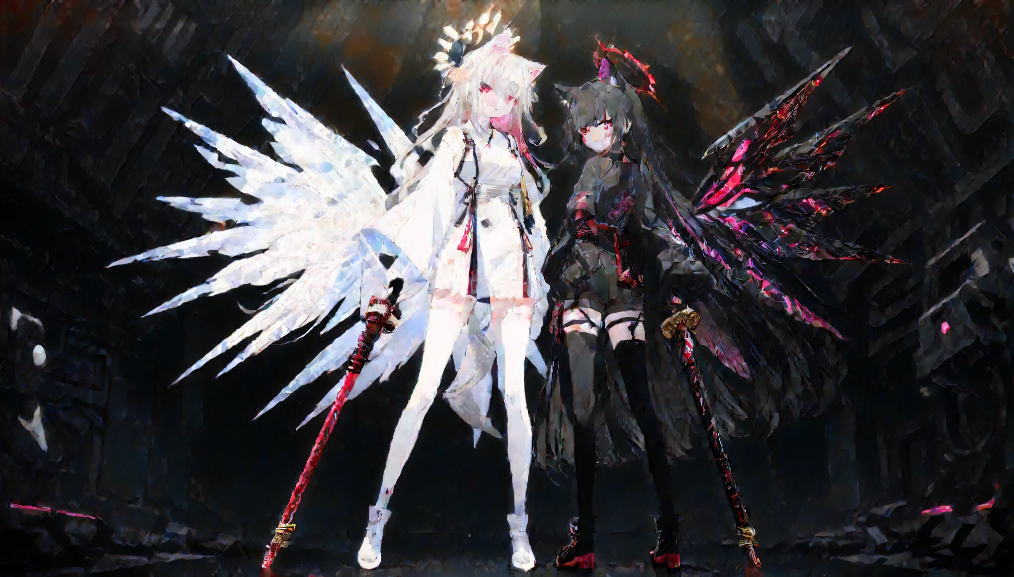 A beautiful detailed fox girls with a soft, blushing facial expression, very long hair with black and pink coloring, cosmic background, scarlet pupils, wearing a short white t-shirt and shorts, holding an ice katana, with jewelry, Hiori Light Art, Backlight, 2girls, full body, monochrome grey body, monochrome art, monochrome white hair, long hair, monochrome pink inner hair, white kimono with red details, fire elemental katanas in hands, ice elemental katana in the mouth, heterochromia (left scarlet red pupil, right light blue pupil), space hair coloring, cosmic background, white large wings, yellow halo behind the back, stockings, no boots, slit pupils, mechanical wings, mechanical bodysuit, artstyle, 2girls, full body, same character ideas, cat girl, light colored body color, medium chest, black hair, long hair, pink inner hair, black kimono with scarlet red details, cosmic clothing coloring style, holding a katana with scarlet red handle, bares the blade, heterochromia, space hair coloring style, unknown galactic system in the background, mechanical halo behind the back, purple halo, black legwear, short legwear, no boots, tight clothing, slit pupils, large wings, fire-orange wings color, angelic like wings style, (best quality, 4k, 8k, highres, masterpiece:1.2), ultra-detailed, HDR, UHD, studio lighting, ultra-fine painting, sharp focus, physically-based rendering, extreme detail description, professional, vivid colors, bokeh, science fiction, character design, character art