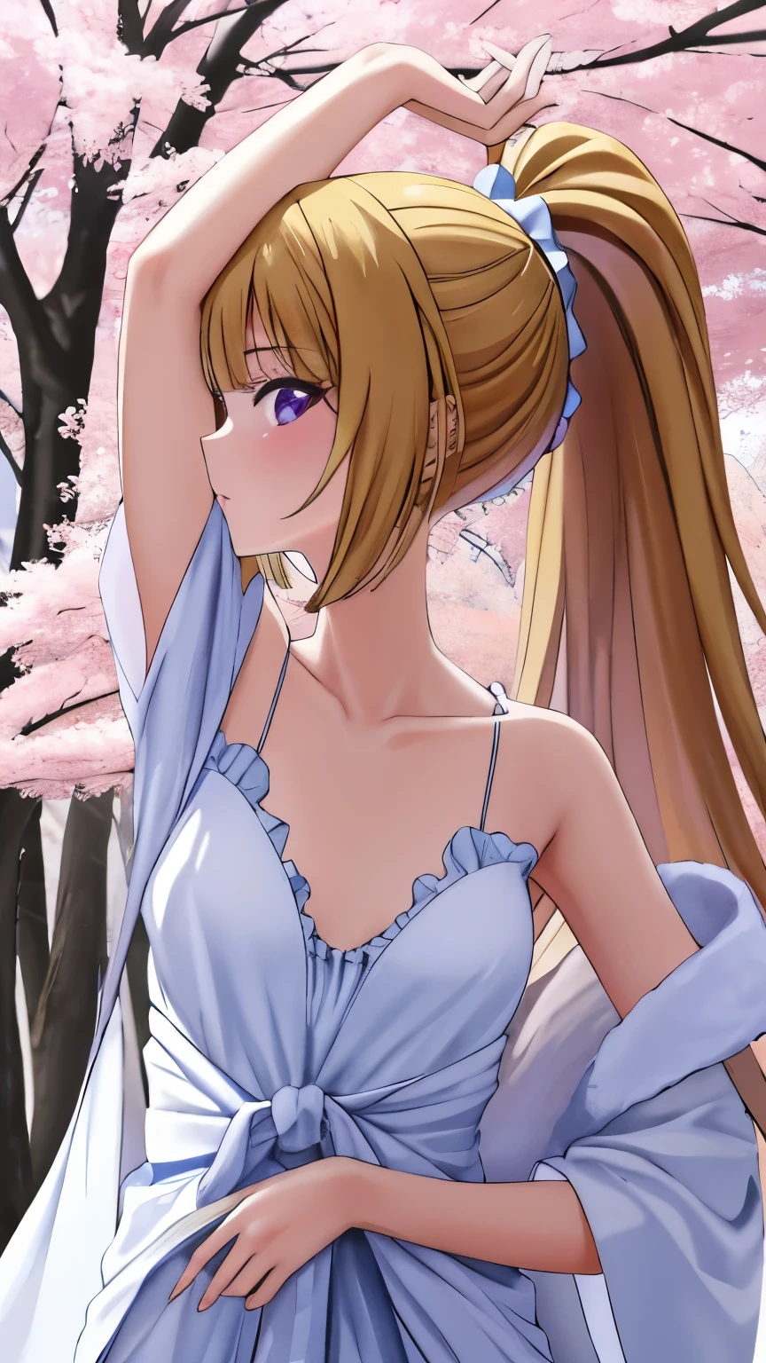 Keikaruizawa, Blonde, Ponytail Hairstyles, Purple Eyes, One girl,Alone,Long Hair, Off the shoulder, clavicle, Clevis, View the viewer, Perfect fingers, Look under the armpits, Frills,  Beautiful flowers bloom, (Shine), (There are cherry blossoms in full bloom)，Standing under a tree, (Head Up), Look at the trees, Natural soft light, , Still ethereal, Crisp, smooth lines, Shine朝の光, Soft glow, Look under the armpits,