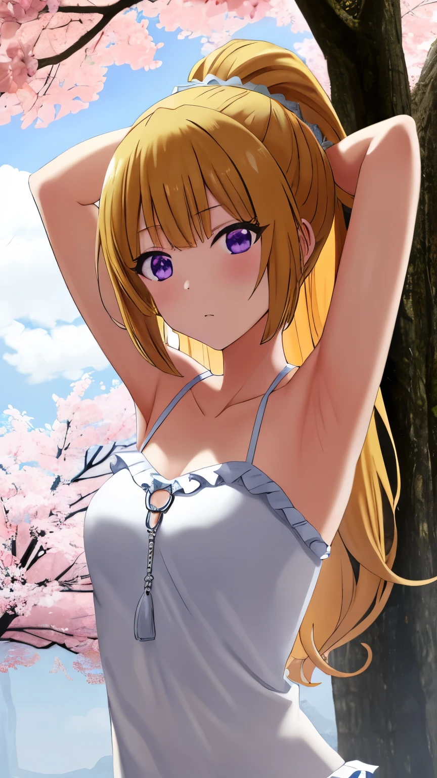 Keikaruizawa, Blonde, Ponytail Hairstyles, Purple Eyes, One girl,Alone,Long Hair, Off the shoulder, clavicle, Clevis, View the viewer, Perfect fingers, Look under the armpits, Frills,  Beautiful flowers bloom, (Shine), (There are cherry blossoms in full bloom)，Standing under a tree, (Head Up), Look at the trees, Natural soft light, , Still ethereal, Crisp, smooth lines, Shine朝の光, Soft glow, Look under the armpits,