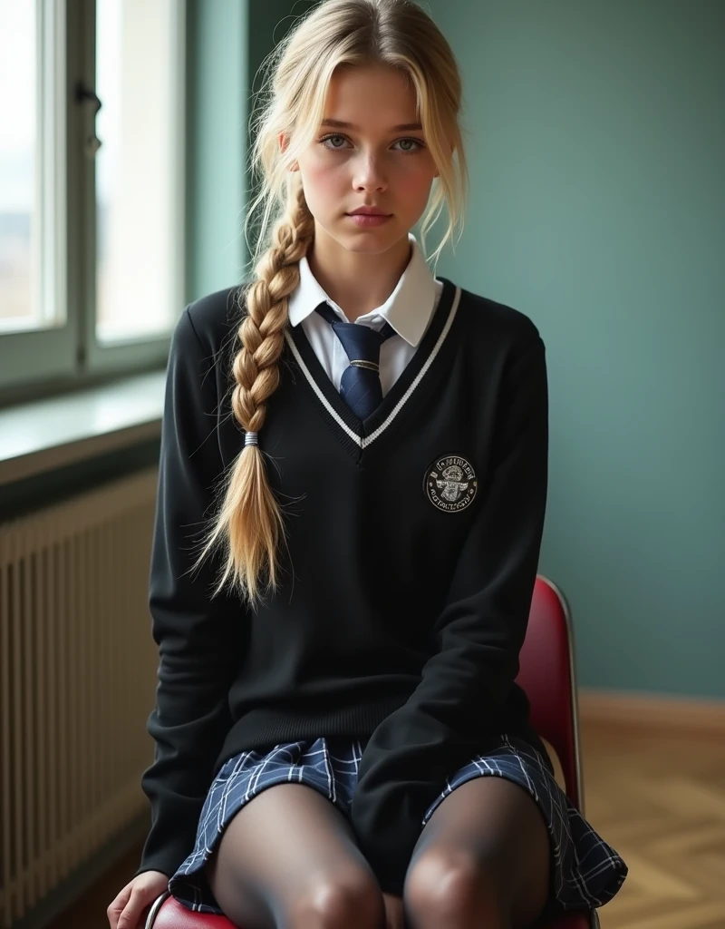 16 year old pre-teen, (real skin:1.3), long hair Twin tails:1.3, blonde, glasses, school uniform, no panties, man raping girl, sexual pose, beautiful, sitting, photorealistic