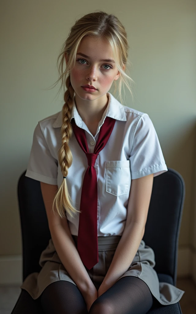 1 very young looking skinny teenage girl posing in frame , very slim tight skinny supermodel body, 13 years, long braided ponytail blonde, in high school, in sexy high school uniform, in a miniskirt, 13 years face, big massive silicone push-up, flirting, black stockings, full body, 4K, sits on a chair with legs apart, white panties,