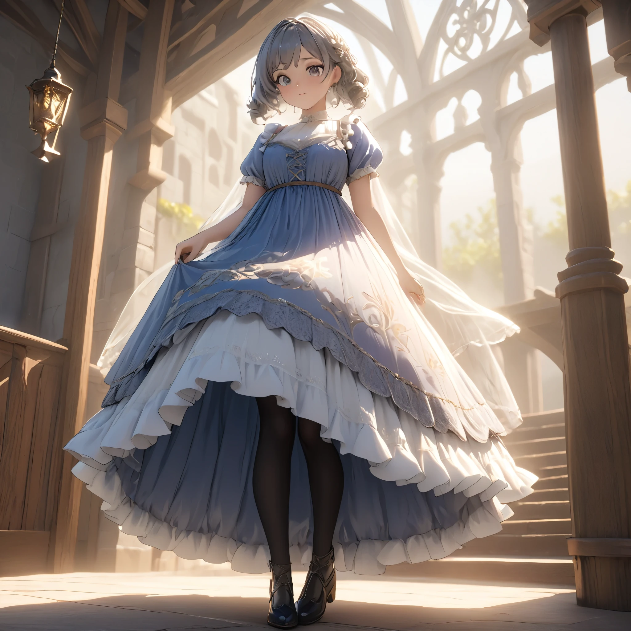 (Highly detailed CG Octane render 8k wallpaper), girl underwear, You can see the real bloomers made of cotton fabric., Medieval translucent long dress with panniers, Fabric Realism, Low Angle, Pull up the dress by hand, Strong winds, Translucent slip, Translucent slip, tights, Highest quality, whole body, I can see your thighs, Silver and gold embroidery