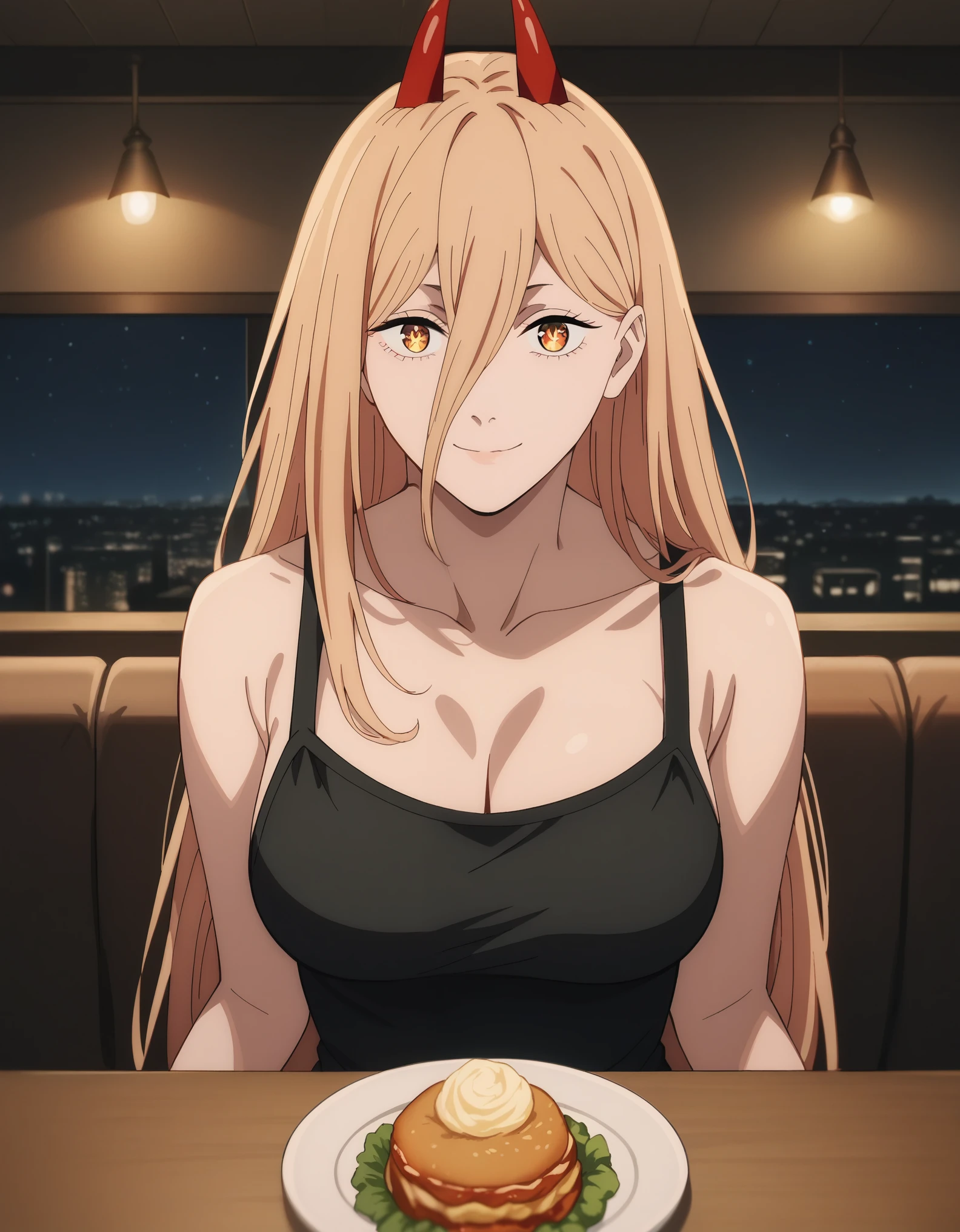 score_9, score_8_up, score_7_up, rating_safe, CONCEPT_PovDating_ownwaifu, solo,1girl,p0w3r0x1, long hair, blonde hair, red horns,demon pupils, medium breasts, looking at viewer, indoors, pov across table, sitting, upper body, chair, pov dating, Smile sweetly, night, restaurant, drinks, foods, dishes, luxurious dress, deep cleavage, bare shoulder