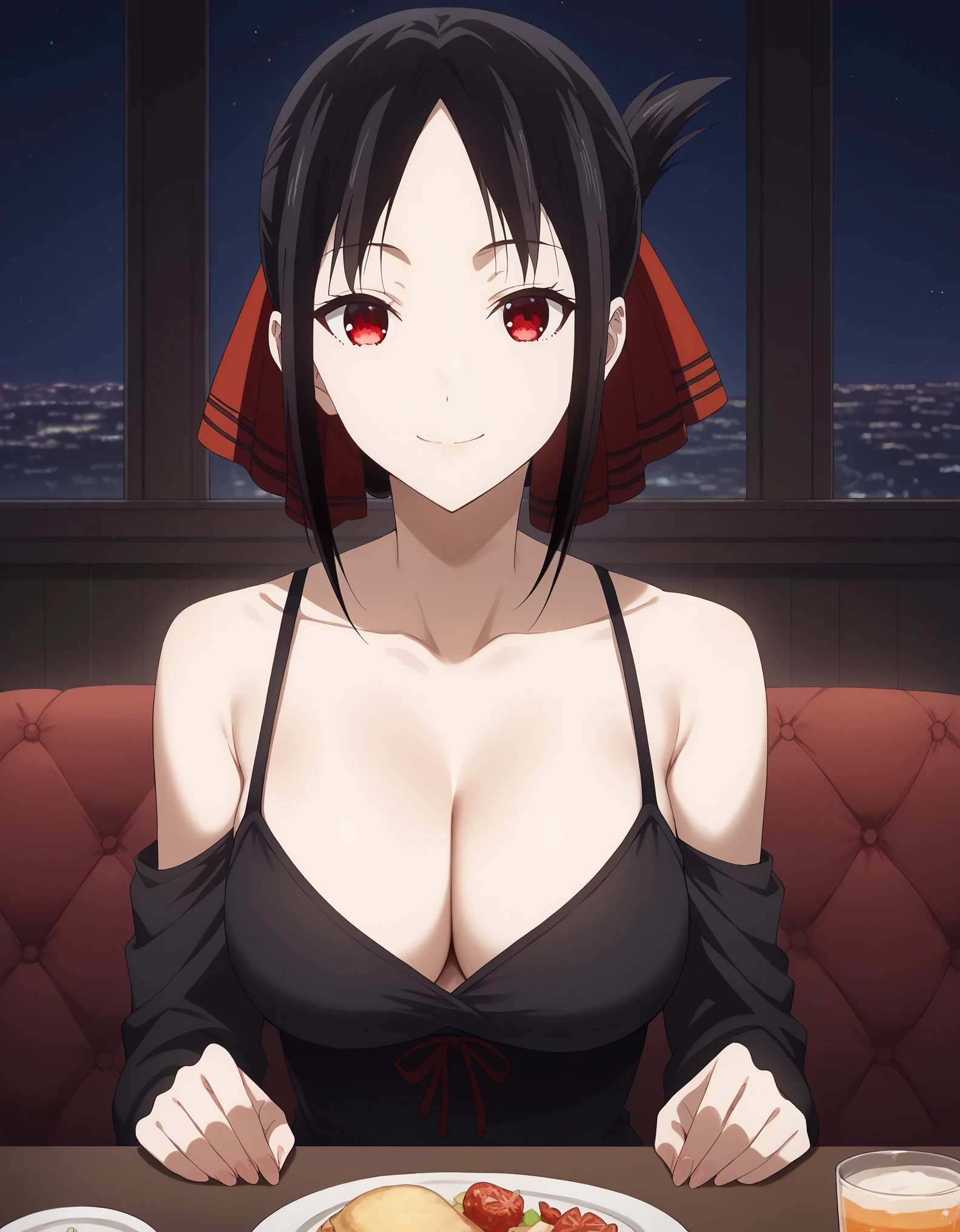 score_9, score_8_up, score_7_up, rating_safe, CONCEPT_PovDating_ownwaifu, solo,1girl,kaguya shinomiya, short hair, bangs, black hair, red eyes, hair ribbon, sidelocks, folded ponytail, parted bangs, medium breasts, looking at viewer, indoors, pov across table, sitting, upper body, chair, pov dating, Smile sweetly, night, restaurant, drinks, foods, dishes, luxurious dress, deep cleavage, bare shoulder