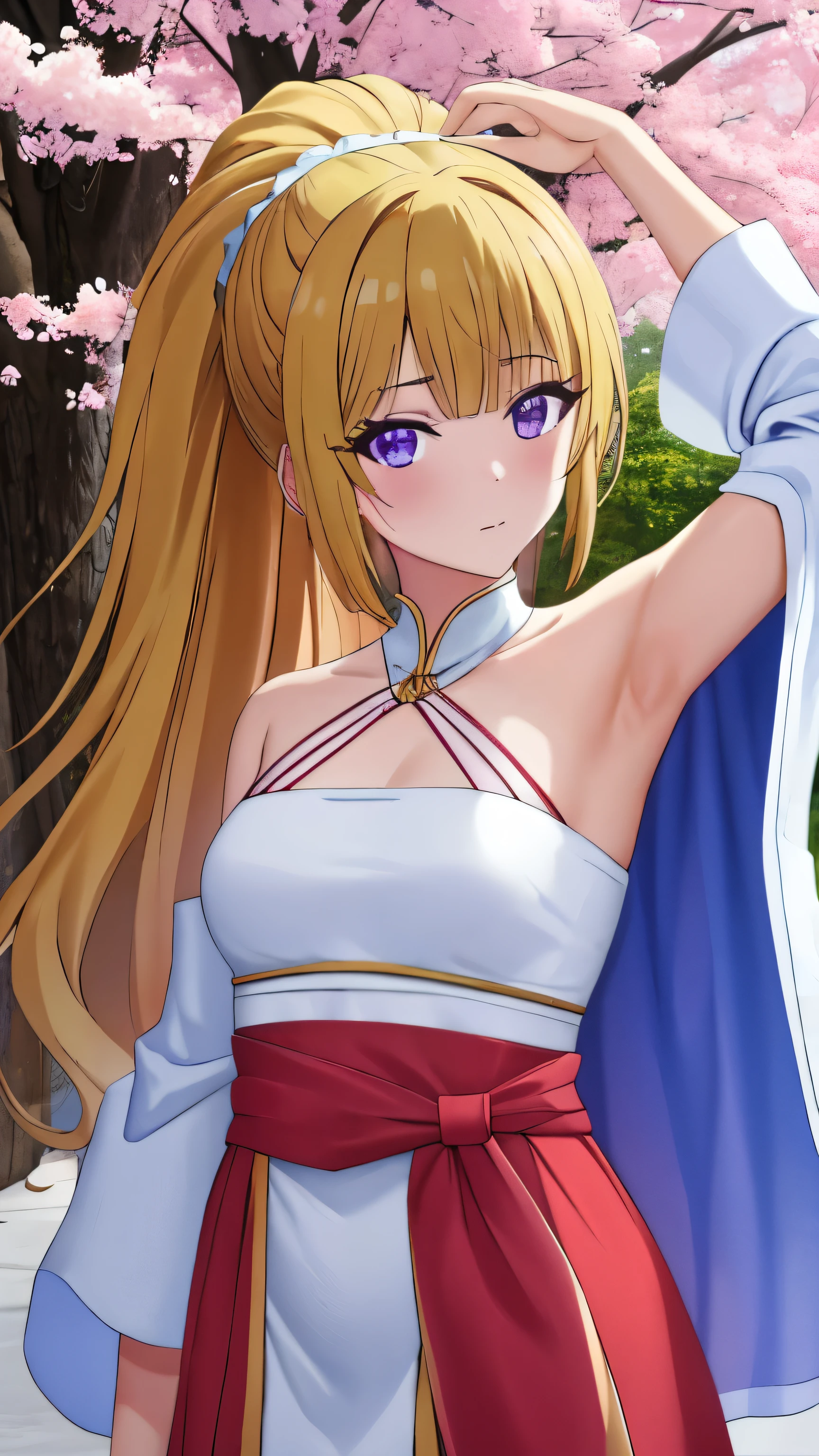 Keikaruizawa, Blonde, Ponytail Hairstyles, Purple Eyes, One girl,Alone,Long Hair, Off the shoulder, clavicle, Clevis, View the viewer, Perfect fingers, Look under the armpits, Frills,  Beautiful flowers bloom, (Shine), (There are cherry blossoms in full bloom)，Standing under a tree, (Head Up), Look at the trees, Natural soft light, , Still ethereal, Crisp, smooth lines, Shine朝の光, Soft glow, Look under the armpits,