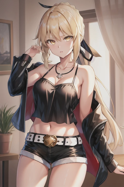 (high resolution, best quality, textile shading:1.4), (detailed, beautiful detailed eyes, super detailed skin:1.2), (caustics, ambient light, sunlight, hard shadows), cowboy shot, from back, (altria_pendragon_alter_fgo, blonde_hair, yellow_eyes, bangs, breasts, ribbon, braid, sidelocks, medium_breasts, hair_ribbon, hair_between_eyes), (bare_shoulders, belt, black_jacket, jacket, jewelry, long_hair, necklace, off_shoulder, official_alternate_costume, ponytail, shorts, white_belt, black_ribbon, cleavage, collarbone, shirt, black_shirt, black_shorts, camisole, open_clothes, short_shorts), standing, 