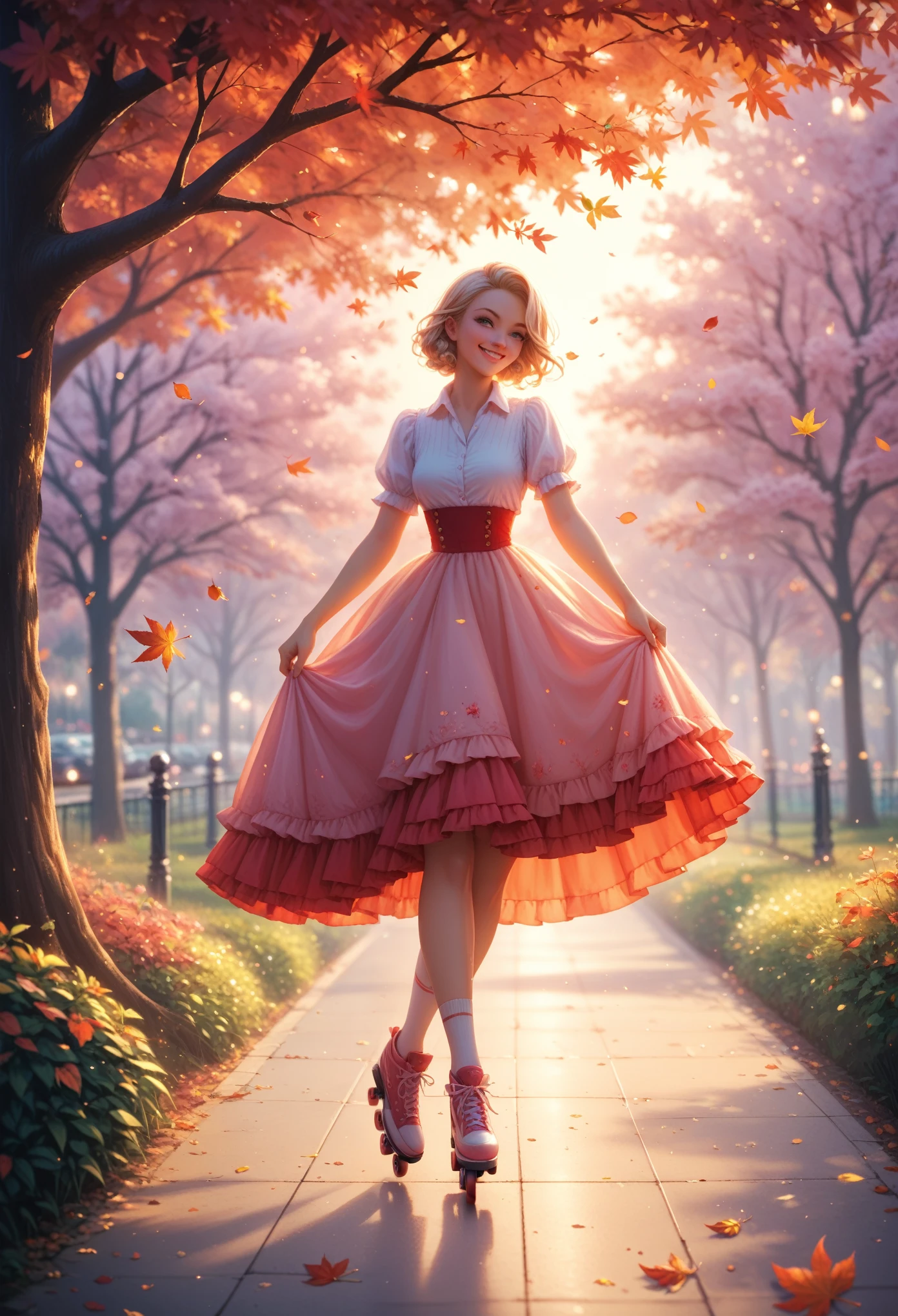 young woman, Beautiful with a smile on her face, in the park, roller skating, Dress and Shirt in Check, small decorations, Spring background, Leaves fall from trees, Red Border, warm colors, bright colors, Shine, masterpiece, Maximum Detail, maximum quality,