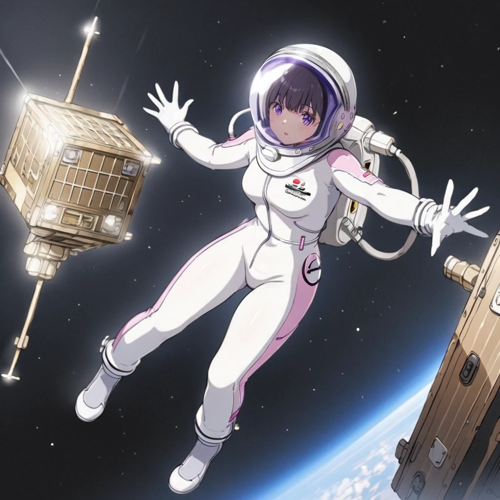 (white back ground):10,simple background ,BREAK masterpiece, (best quality), (highly detailed:1.3), 1girl,solo,fullbody,floating:2,(Space Suit:1.15),short hair, Space Helmet ,Black Hair ,