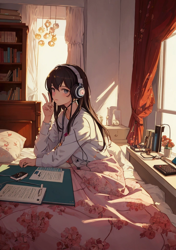 Girl listening to music in a cozy room at night, Use headphones, 2D anime style, Truly, Dark environment、Emo,