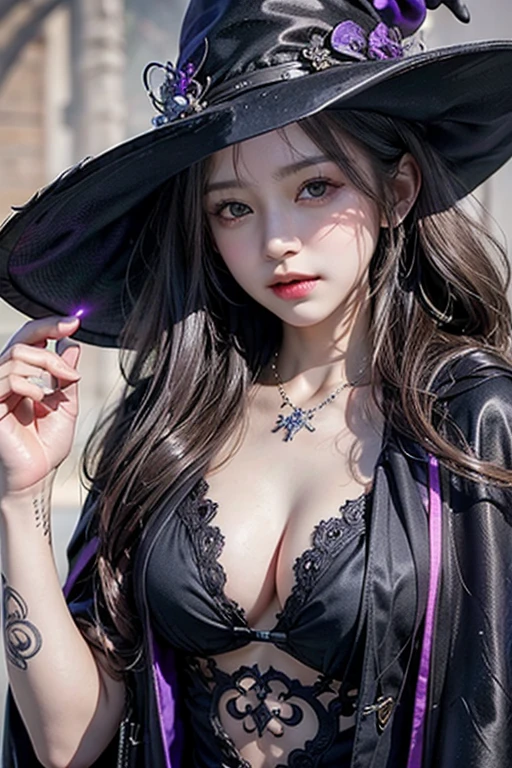 ((Best Quality)), ((masterpiece)), (detailed:1.4), witch,Grey Hair,Long Hair,Black and purple outfit,Long Cape,((非常にdetailedな顔)),(detailedな目),(Glowing Skin),Large Breasts,tattoo,cowboy shot