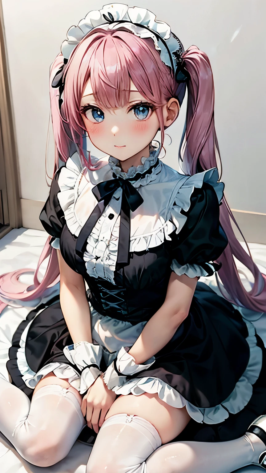 "A cute anime-style girl with pink hair styled in large, tied twin tails, light blue eyes, wearing a frilly Gothic Lolita fashion outfit based on black, a white frilly headband with many frills on her head, white tights, and white loafers."