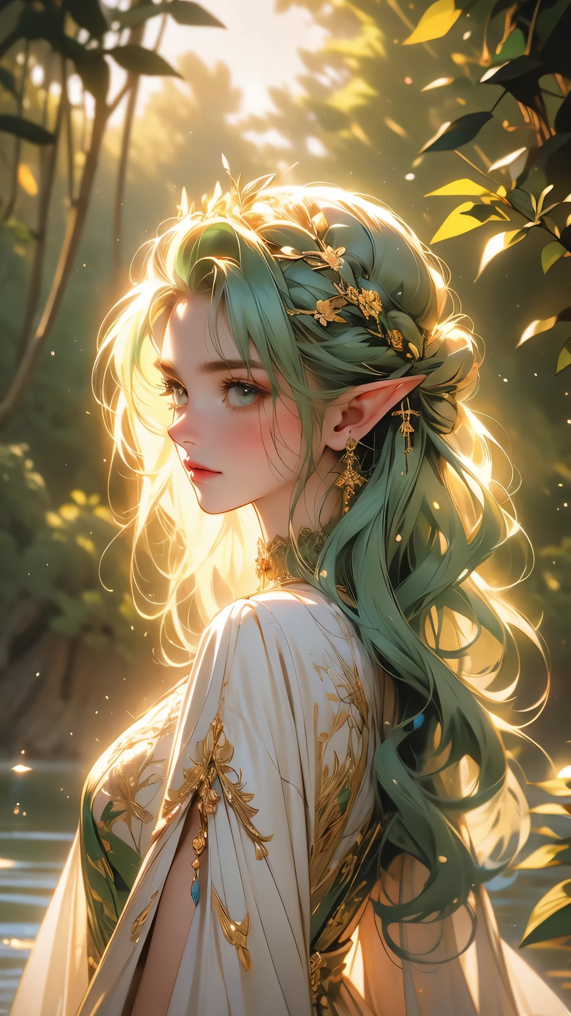 ((Masterpiece)), envision a 8k, highres, cinematic, extremely beautiful semi realistic close up portrait of a beautiful Goddess with a shy expression, slender body, ((soft face)), ((really long dark Pine Green hair)), side locks, choppy bangs, round face, long sweeping bangs, ocean blue eyes, soft lips, lip gloss, thick eyebrows, round face, (elf ears), fairy, fairycore, nature dress, Golden Apple, Nature Vines, ((((1girl)))), in dark lighting, against a dark gray background