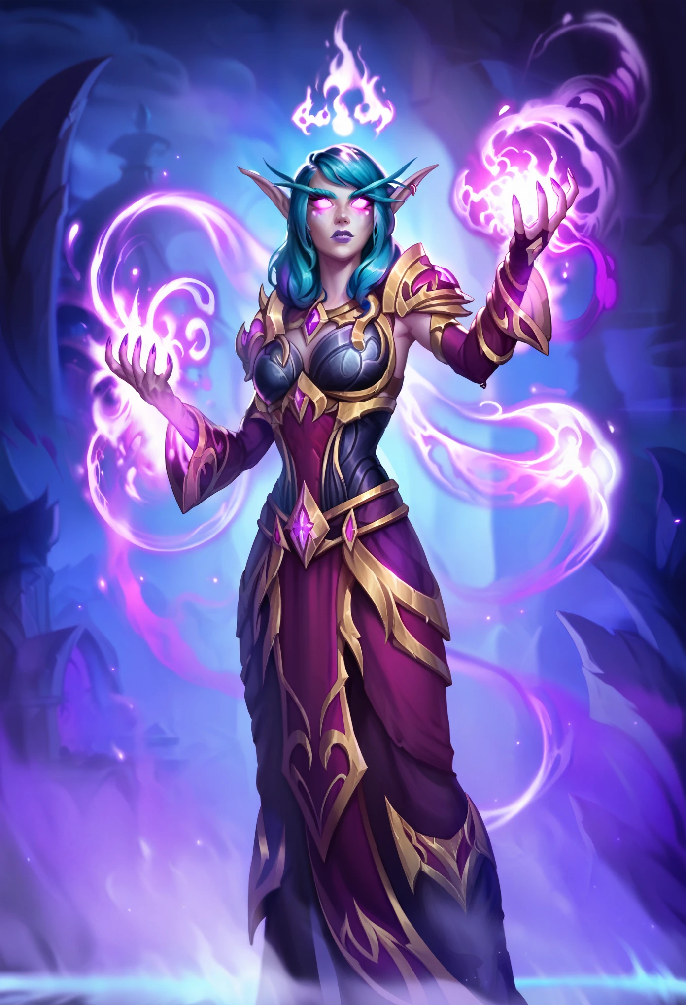 Void Elf Warlock: A shadowy Void Elf with purple-tinted skin and hair that flows like a dark mist. She’s dressed in robes that shimmer with dark, void energy, and her eyes glow an eerie blue. She’s summoning a monstrous void creature from a swirling portal, her hand raised high as the void energy pulses around her.