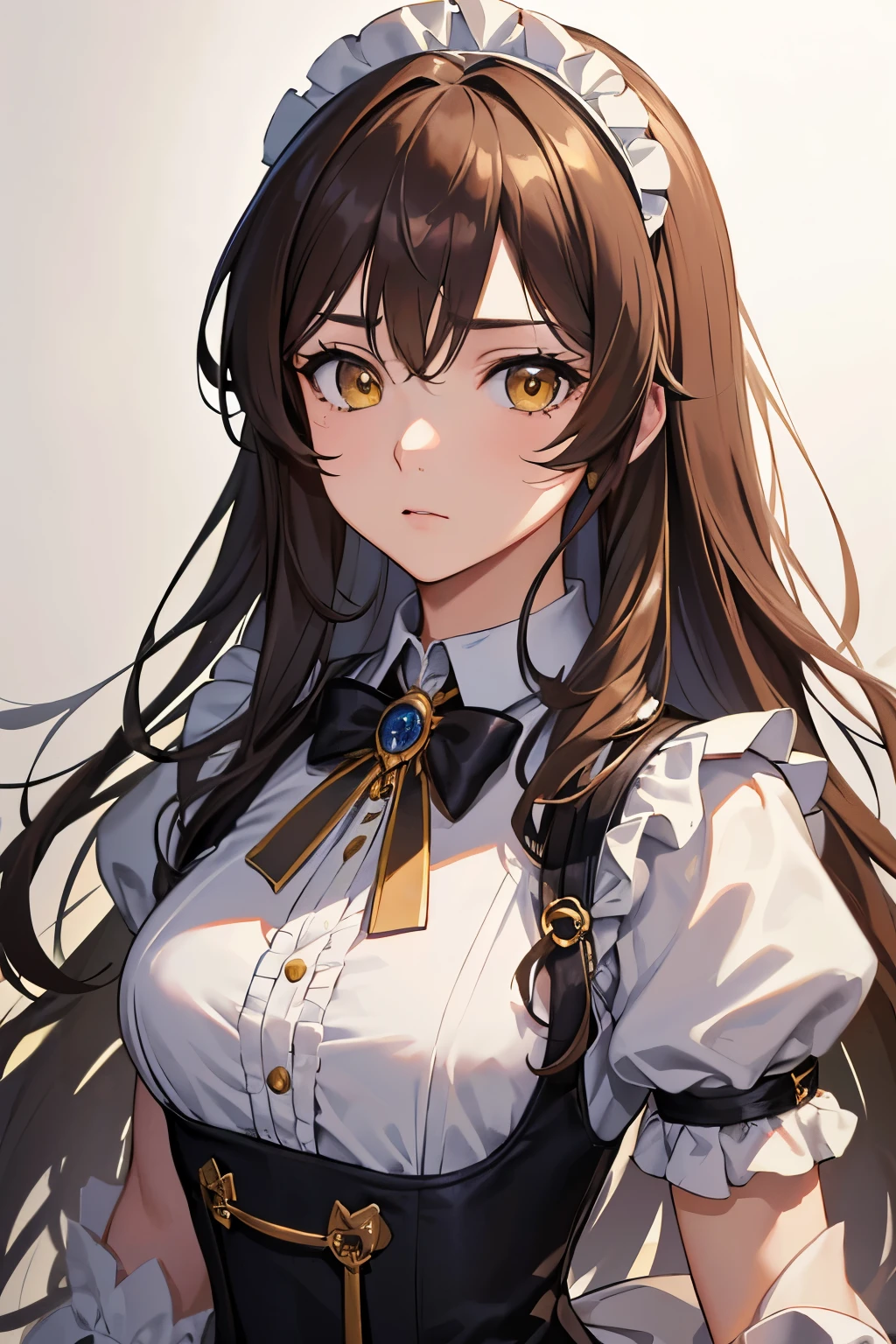 masterpiece, best quality, 1girl, brown hair, yellow eyes, long hair, messy hair, mugshot, small breasts, upper body, maid outfit, mature, older, mature face, empty background, detailed eyes, detailed facial features, realistic and high resolution (best quality, 4k, 8k, highres, masterpiece:1.2)