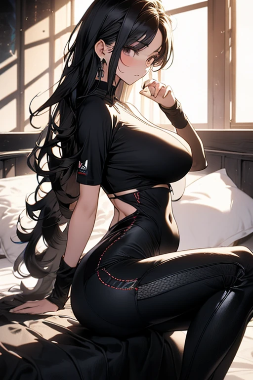 4k, masterpiece, high resolution, 3D art style, 1girl, mature, long black hair, slender hips, thick thighs, huge breast, huge round ass, sitting at bedroom , dress , SoloHigh Details, Super Detailed, Textured Skin, Super Detailed, High Quality, sportswear