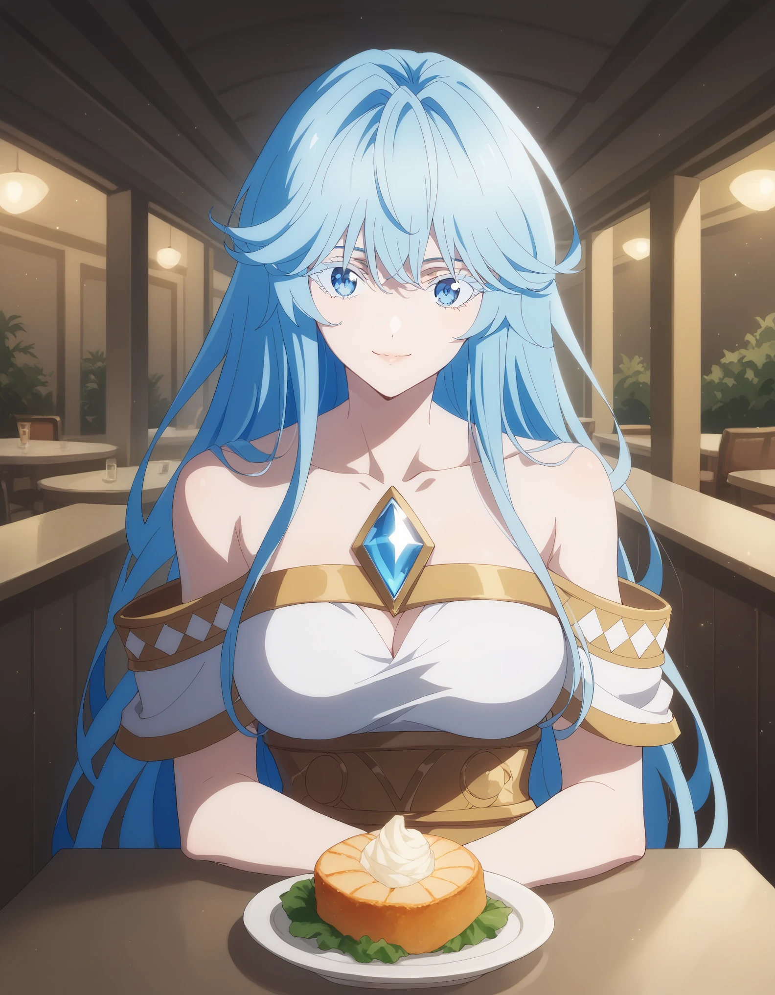 score_9, score_8_up, score_7_up, rating_safe, CONCEPT_PovDating_ownwaifu, solo,1girl,elfaria albis serfort, long hair, blue hair, blue eyes, colored eyelashes, sidelocks, medium breasts, looking at viewer, indoors, pov across table, sitting, upper body, chair, pov dating, Smile sweetly, night, restaurant, drinks, foods, dishes, luxurious dress, deep cleavage, bare shoulder