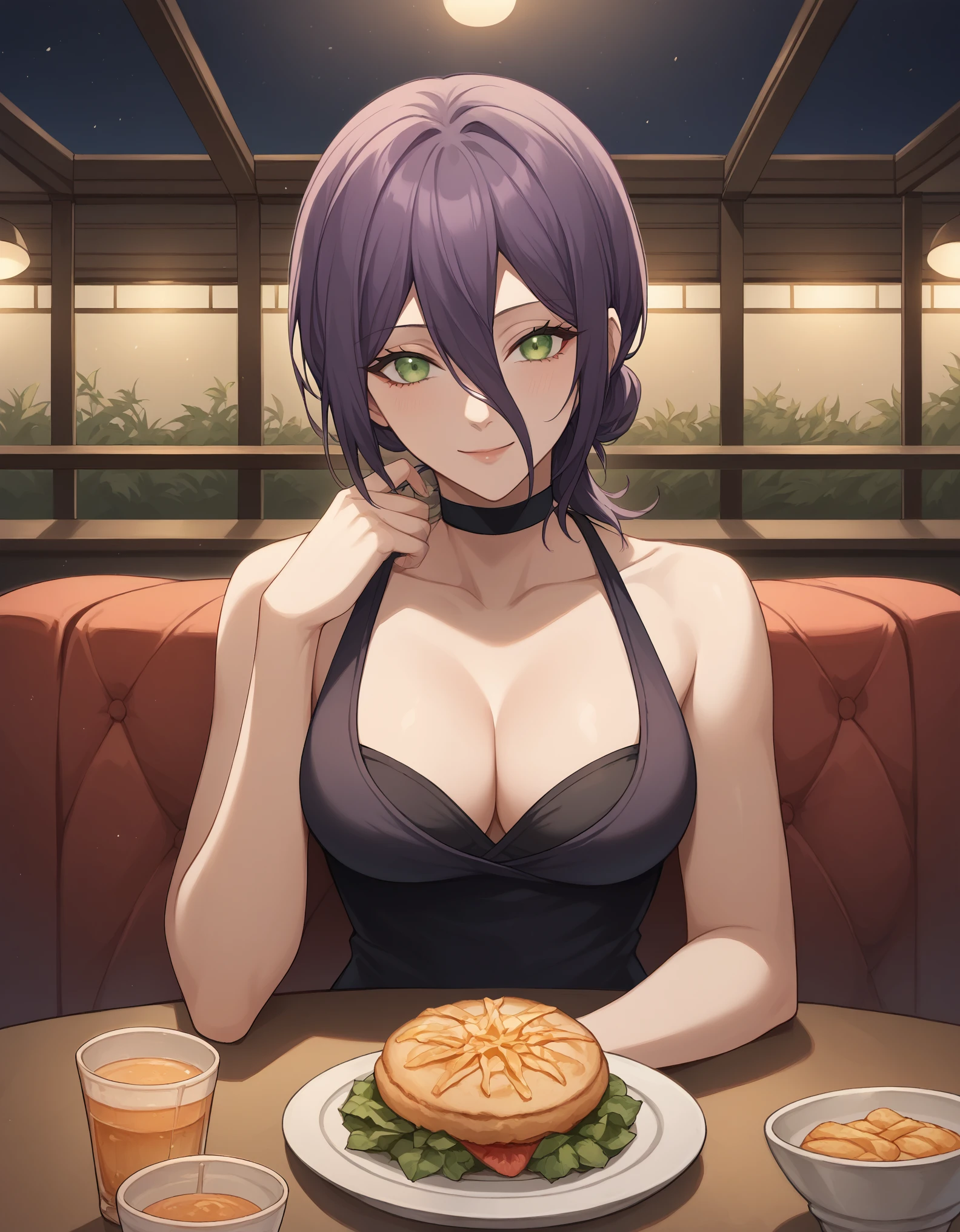 score_9, score_8_up, score_7_up, rating_safe, CONCEPT_PovDating_ownwaifu, solo,1girl,reze, black choker, purple hair, choker, eyebrows hidden by hair, green eyes, hair between eyes, long bangs, medium hair,medium breasts, looking at viewer, indoors, pov across table, sitting, upper body, chair, pov dating, Smile sweetly, night, restaurant, drinks, foods, dishes, luxurious dress, deep cleavage, bare shoulder