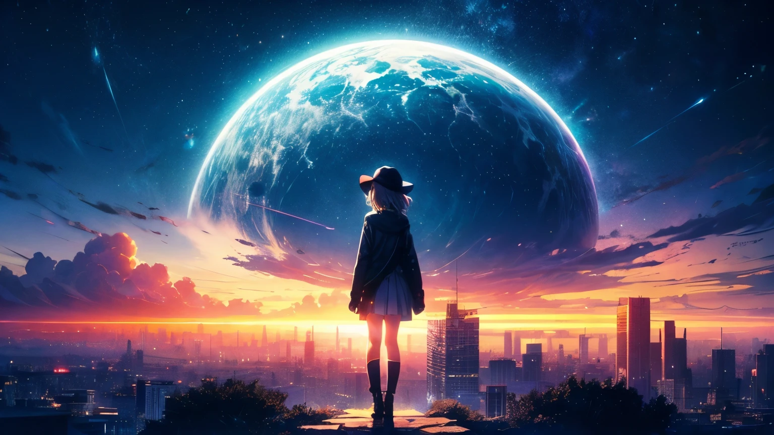 A woman standing on a ledge looking at a planet in the sky - SeaArt AI